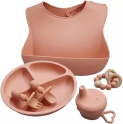 Siliconen Baby Servies Set - Incl Slabbetje, Bord, Bestek, Beker Cover En Bijtring