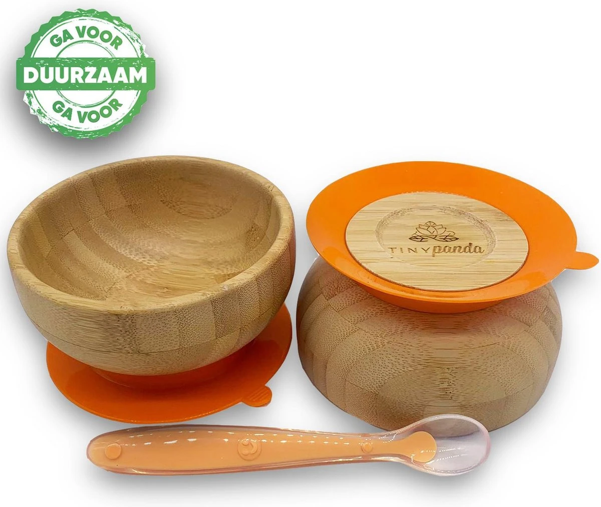 Tiny Panda - Kinderservies Bamboe - Houten Kom - Baby Kom - Lepel Baby - Baby Servies - Baby Eetkom Met Zuignap