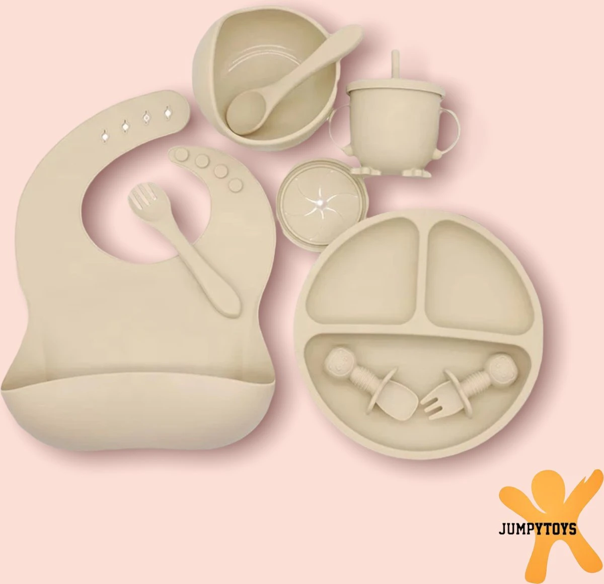 JUMPYTOYS - Kinderservies Met Zuignap - BPA Vrij- Babyservies - Baby Bestek - Babybox - Silliconen Eetset - 9 Delig - Babyshower - Beige 2 JUMPYTOYS - Kinderservies Met Zuignap - BPA Vrij- Babyservies - Baby Bestek - Babybox - Silliconen Eetset - 9 Delig - Babyshower - Beige - Afbeelding 2