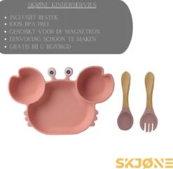 SKJØNE - Babyservies - Kinderservies - Krab - Roze - Siliconen Met Zuignap - BPA Free - Babybord - Kinderbord - Babybestek - Kinderbestek