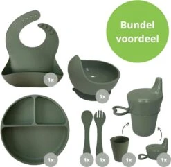 Ik Ben Zo Mooi 7-delige Siliconen Kinderservies Set Met Bord En Kom Met Zuignap - Sage Groen