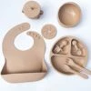 9 Delig Kinderservies Set- Khaki - Babyservies - Kinderbestek - Babybestek- Silliconen - Kinderserviesset Met Zuignap