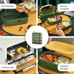 Buxibo - Multifunctionele Stapelbare Lunch Box - Bento Box - Lekvrije Voedsel Container Met Handvat - 4-Laags - Anti - Overflow - Geïsoleerde Maaltijd Box Voor Werk/Kantoor/School - Roestvrijstaal - Groen - 2800ML -Babyproductenseries Winkel 1200x1200 310