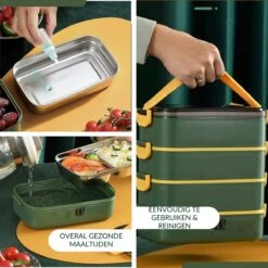 Buxibo - Multifunctionele Stapelbare Lunch Box - Bento Box - Lekvrije Voedsel Container Met Handvat - 4-Laags - Anti - Overflow - Geïsoleerde Maaltijd Box Voor Werk/Kantoor/School - Roestvrijstaal - Groen - 2800ML -Babyproductenseries Winkel 1200x1200 313