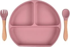 Kinderbord Met Zuignap En Houten Bestek - Roze Baby Bord - Kinderservies - Siliconen BPA Vrij - Onbreekbaar