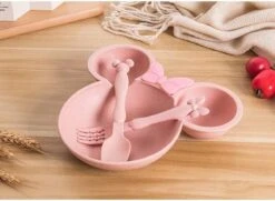 Merkloos Geen Bamboe Kinderbord-Kinderservies-Kinderbestek-Baby Bord-Peuter Bord-Duurzaam-Tarwe-Melaninevrij-Onbreekbaar-Minnie Mouse-Kraam Cadeau-Roze