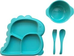Kinderservies - Baby Servies - 4-delig Set - Bord - Kom - Vork - Lepel - Dino Groen
