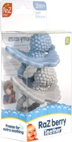 RaZbaby RaZberry - Bijtspeentje - Blauw - Grijs - 2 Stuks -Babyproductenseries Winkel 614x1200