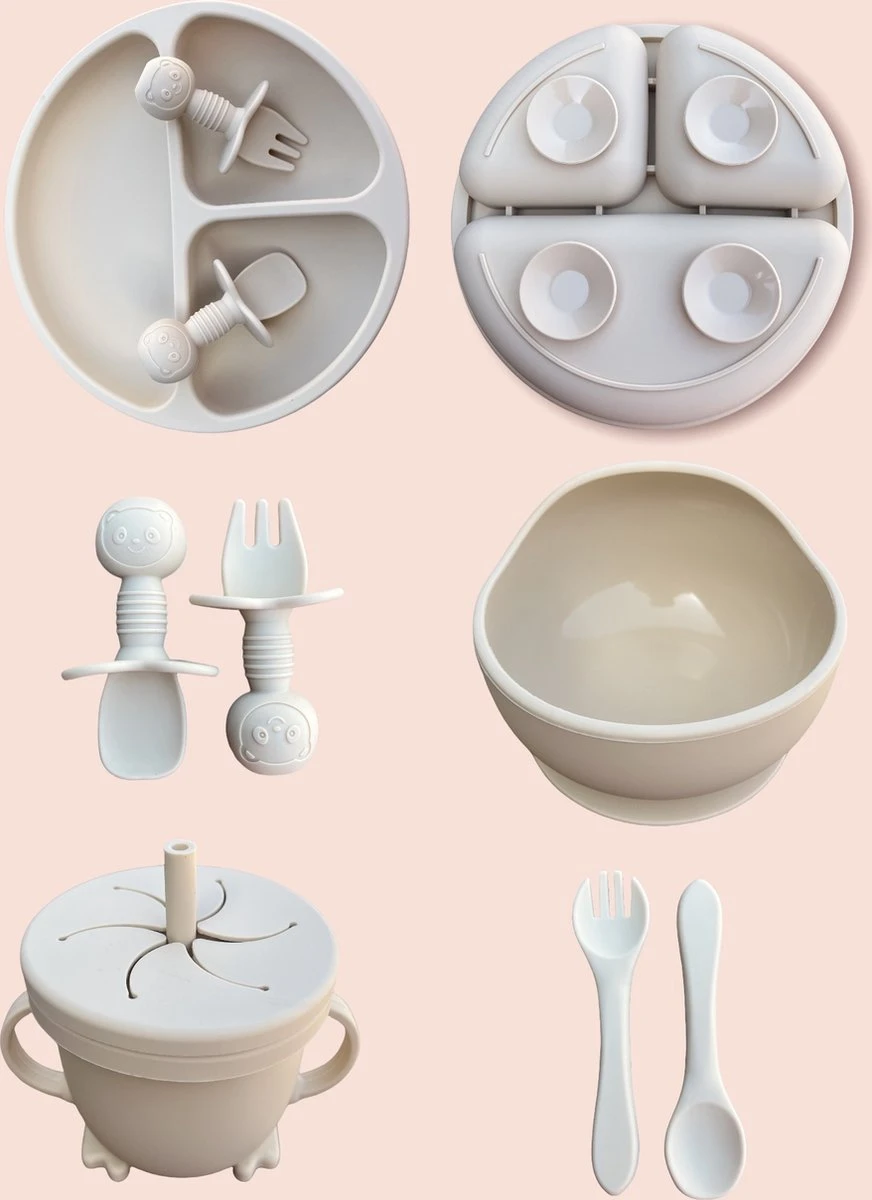 JUMPYTOYS - Kinderservies Met Zuignap - BPA Vrij- Babyservies - Baby Bestek - Babybox - Silliconen Eetset - 9 Delig - Babyshower - Beige 1 JUMPYTOYS - Kinderservies Met Zuignap - BPA Vrij- Babyservies - Baby Bestek - Babybox - Silliconen Eetset - 9 Delig - Babyshower - Beige