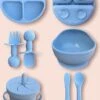 JUMPYTOYS - Kinderservies Met Zuignap - BPA Vrij- Babyservies - Baby Bestek - Babybox - Silliconen Eetset - 9 Delig - Babyshower - Blauw